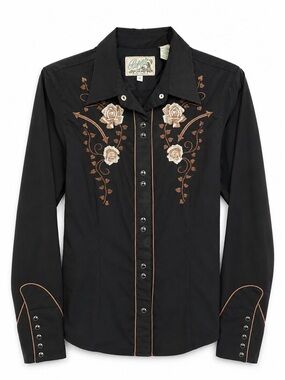 Vintage Roper Western Shirt Black Rose Embroidery Snap Button M